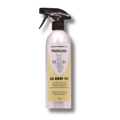 Bottle of 'Go Away Fly' antibacterial fly spray with aloe vera for horses with a black spray nozzle.